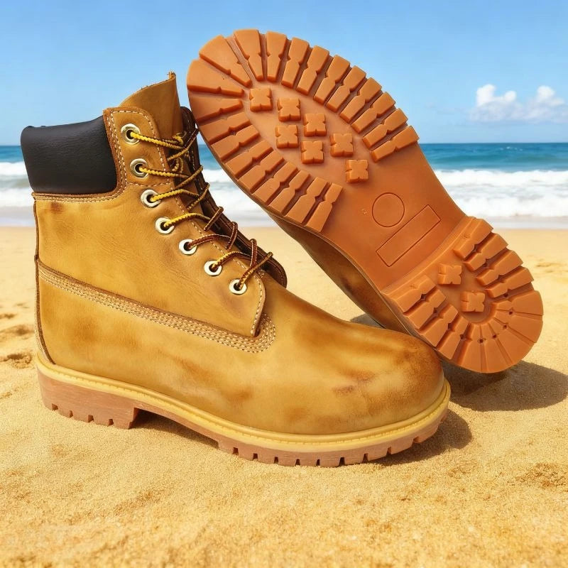 Retro Yellow Men Ankle Boots Genuine Leather Short Riding Boots for Unisex Outdoor High Top Sneakers Men and Women Tooling Boots