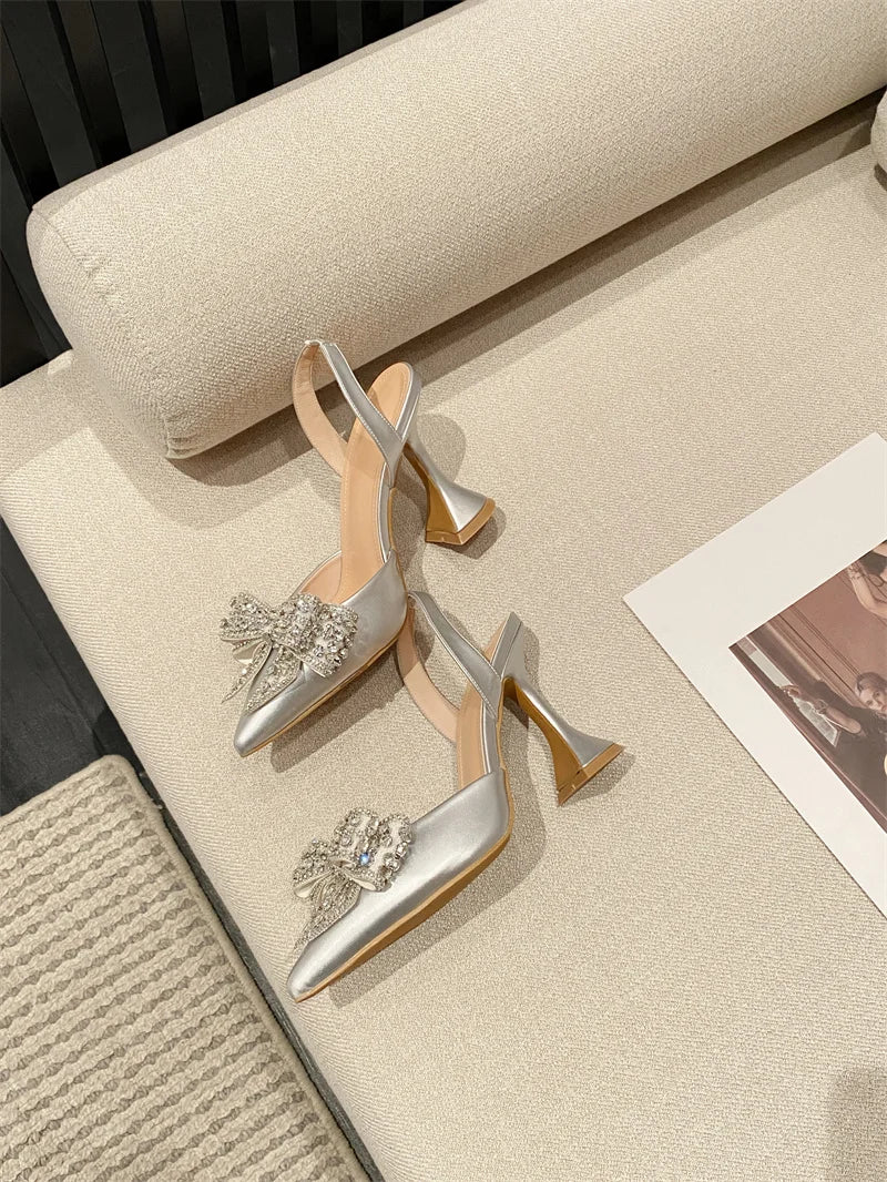 Liyke Spring Summer Fashion Rhinestone Bowknot Women Pumps Sexy Silk Pointed Toe Strange High Heels Party Prom Shoes Gold Silver