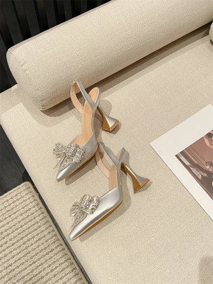 Liyke Spring Summer Fashion Rhinestone Bowknot Women Pumps Sexy Silk Pointed Toe Strange High Heels Party Prom Shoes Gold Silver