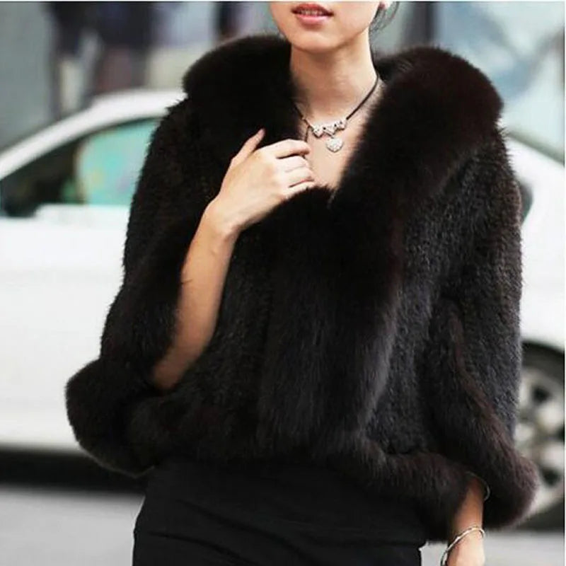 Luxury Ladies Autumn Winter Genuine Knitted Mink Fur Shawls Fox Fur Collar Women Fur Pashmina Wraps Bridal Cape Coat Jacket