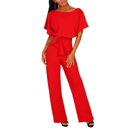 Women's clothing summer 2024 Jumpsuit, Elegant Short Sleeve Hollowed Waist Tie Solid Summer Wide Leg Pants