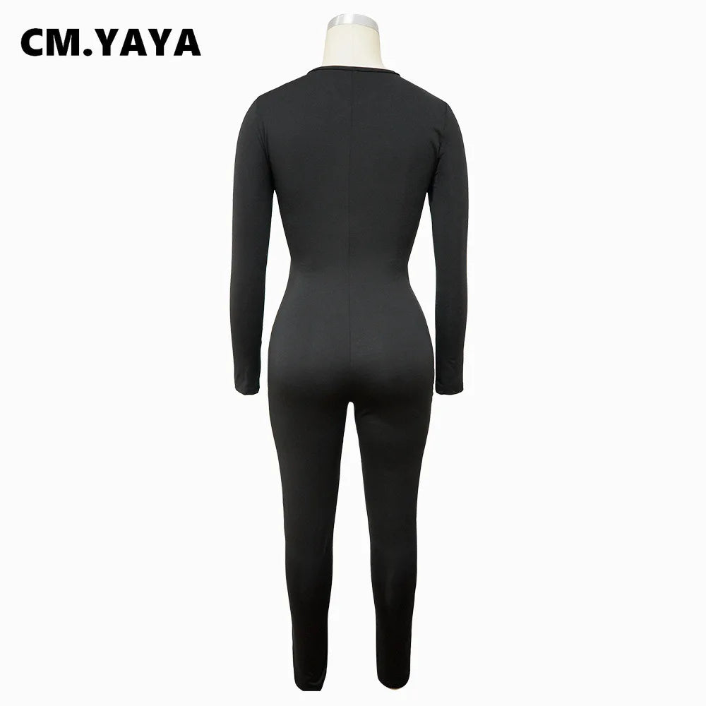 CM.YAYA Women Hollow Out Cross Sexy Party Clubwear Long Sleeve Jumpsuits 2024 Winter Autumn Street Crop One Piece Suit Rompers