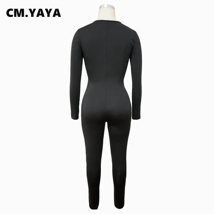 CM.YAYA Women Hollow Out Cross Sexy Party Clubwear Long Sleeve Jumpsuits 2024 Winter Autumn Street Crop One Piece Suit Rompers