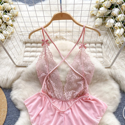 Women Floral Lace Mesh Strappy Bodysuit Fashion Hollow Sexy Comfortable Catsuit One Piece Tights Transparent Onesie