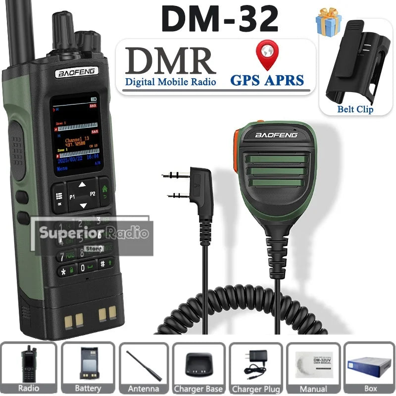 BAOFENG DM-32 Walkie Talkie with Belt Clip Hoster DMR Digital Radio GPS APRS Dual Mode Analog 999 Channel Type-C Dual Time Slots