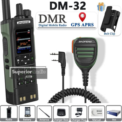 BAOFENG DM-32 Walkie Talkie with Belt Clip Hoster DMR Digital Radio GPS APRS Dual Mode Analog 999 Channel Type-C Dual Time Slots
