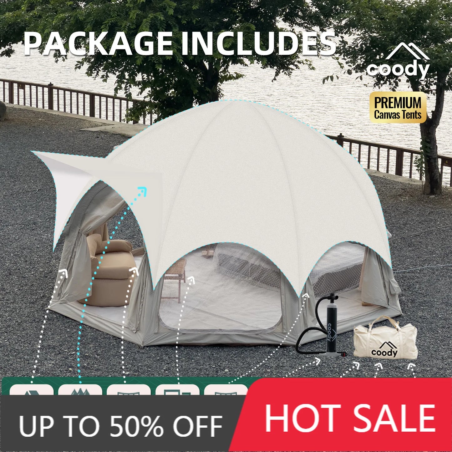 Coody Dome Air Tent Beige Classic Geodesic Inflatable Shelter Outdoor Camping Family Dome Canopy Tent