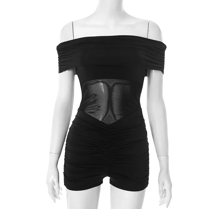 ANJAMANOR Splicing Mesh See Through Black Sexy Off Shoulder Romper Jumpsuit Woman Clothing Clubwear New Arrivals 2025 D85-BG19