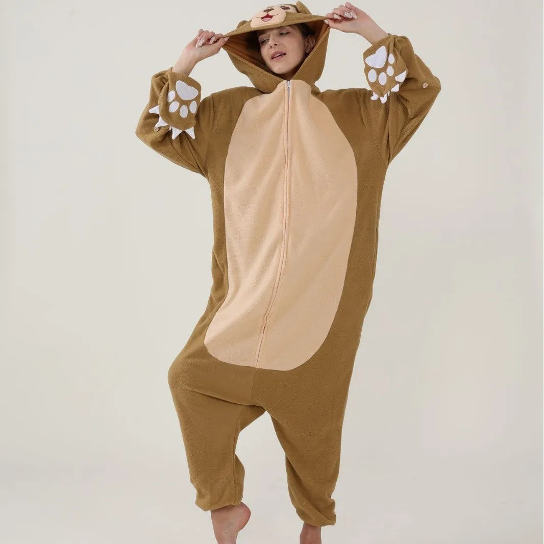 Adult Animal Brown Sloth Kigurumi Onesies Pajamas Cartoon Soft Fleece Gift Halloween Cosplay Costumes Button Jumpsuits