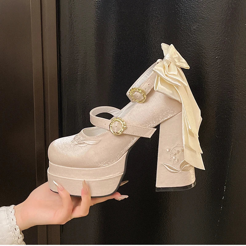Summer Platform High Heel Women Lolita Mary Jane Shoes Fashion Butterfly-knot Stripper Party Dress Pumps Shoes