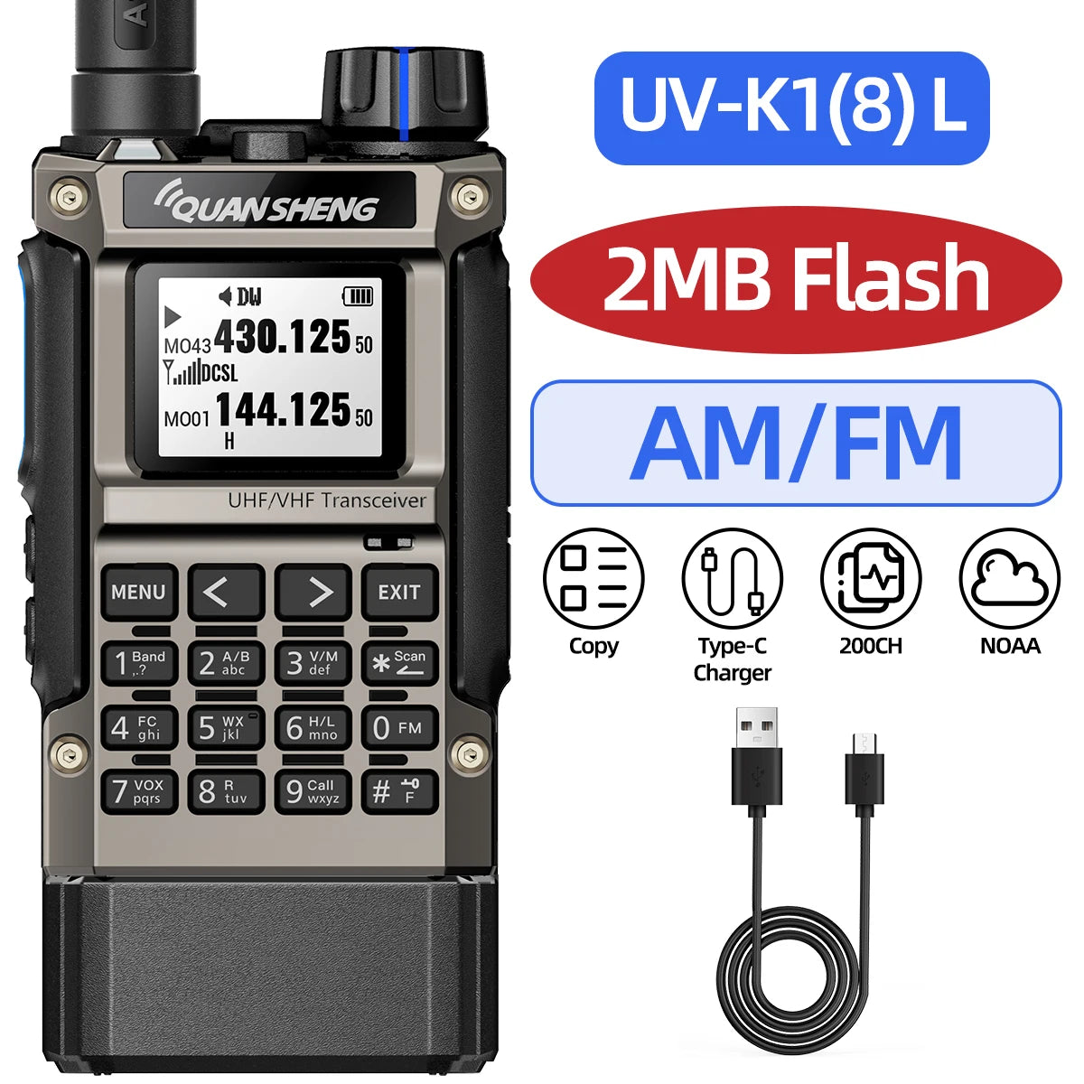 Quansheng UV-K1(8) Multi-Band Walkie Talkie 2MB Flash Wireless Copy Frequency Long Range Type-C Charger for Quansheng UVK5 K6