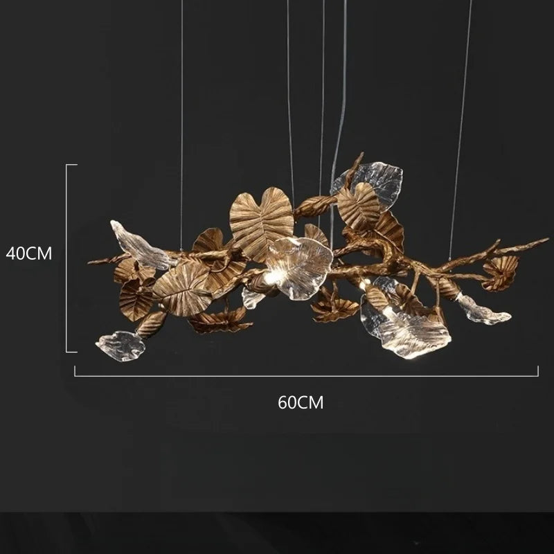 Luxury Copper Branch Chandelier Dining Table Retro Restaurant Light with Leaf Crystal Pendant Lamp Living Room Bar Kitchen Vila