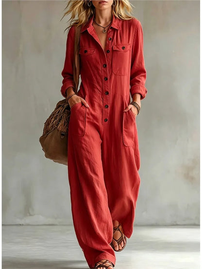 Autumn New Fashion Linen Single Breasted Double Pocket Women's Work Jumpsuit Casual Loose Vacation Female Rompers 2026