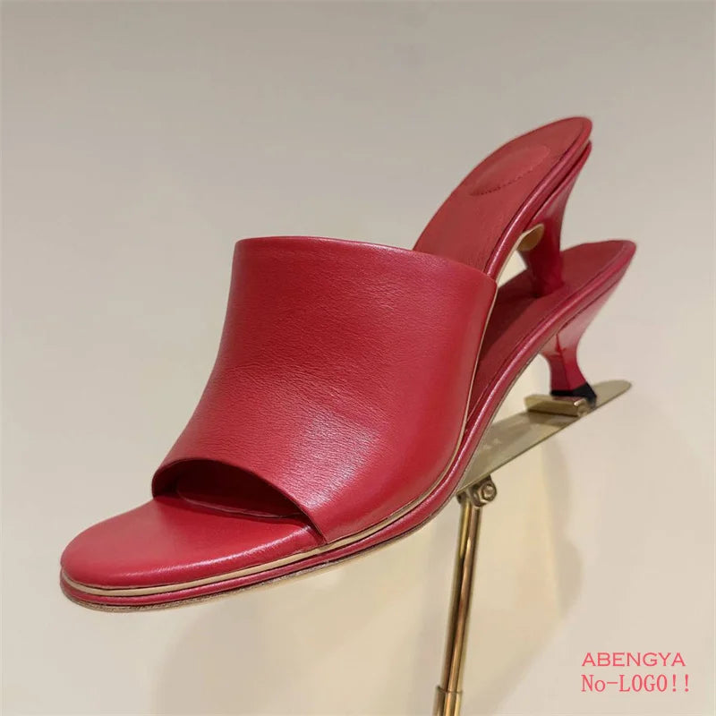 2025 Summer Leather High Heel Slippers Women Sandals Kitten Double Heels Mules Slides Designer Party Dress Shoes For Women