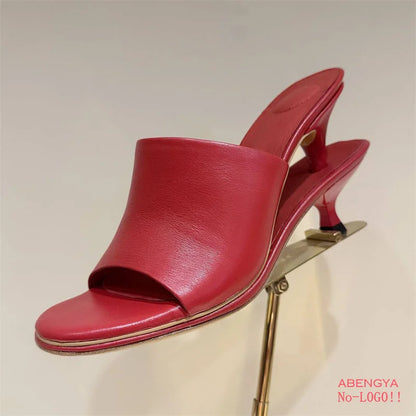 2025 Summer Leather High Heel Slippers Women Sandals Kitten Double Heels Mules Slides Designer Party Dress Shoes For Women