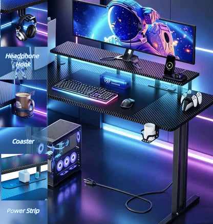 RGB Gaming Desk with Adjustable LED Lights, Carbon Fiber Surface, Detachable Monitor Stand & Built-in Power Strip, Home Office Computer Gaming Table with Cup Holder Headset Hook for Streaming Work Game