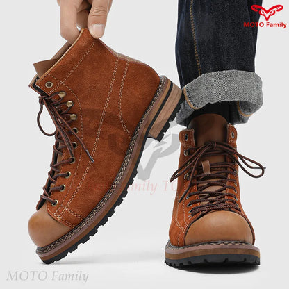 Retro tooling boots cycling boots men's mid-help autumn and winter leather boots locomotive brown trendy shoes 20238-L