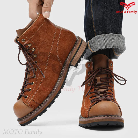 Retro tooling boots cycling boots men's mid-help autumn and winter leather boots locomotive brown trendy shoes 20238-L