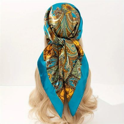 1pc Bohemian Print Faux Silk Satin Scarf Square Hijab New Elegant Floral Women Bandana Shawl Breathable Versatile Scarves