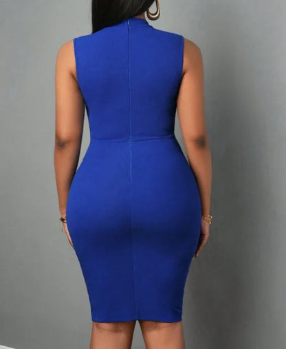 Women Elegant Sleeveless Bodycon Midi Dress Stand Collar Neck Tie Ruched Waist Sheath Pencil Dress Office Business Cocktail Party Formal Dresses