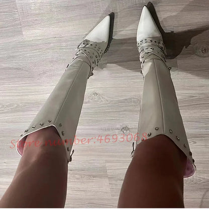 Pointy Hottie Biker Long Boots Women Sexy Crystal Rivets Belt Buckle Stiletto Heels White Boots Winter Outfit Fashion Lady Shoes