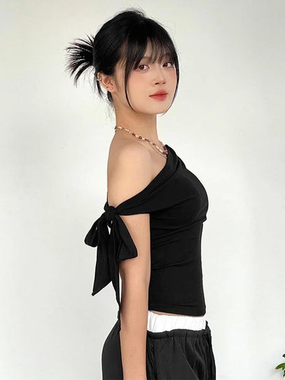 2025 Women'S Summer Ins Style New Shrink Pleated One-Shoulder Crop Top Backless Twist Tie Asymmetric T-Shirt Casual Top