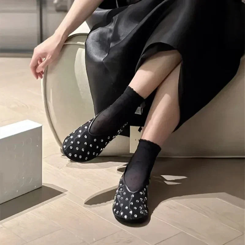 Luxury Glitter Rhinestone Designer Mesh Flats Women Summer Fashion Light Breathable Mules Loafers Elegant Comfort Ballet Shoes
