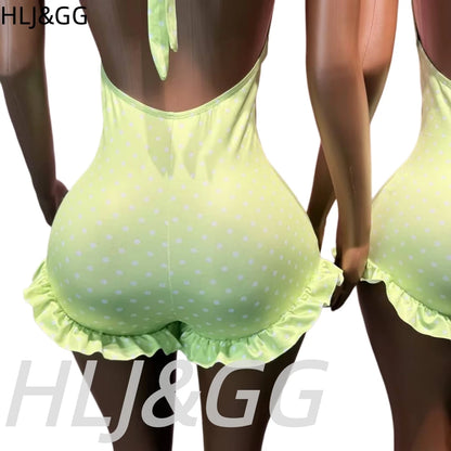 HLJ&GG Sexy Hot Girl Polka Dot Print Ruffle Bodycon One Piece Rompers Women Halter Backless Lace Up Playsuits Fashion Overalls