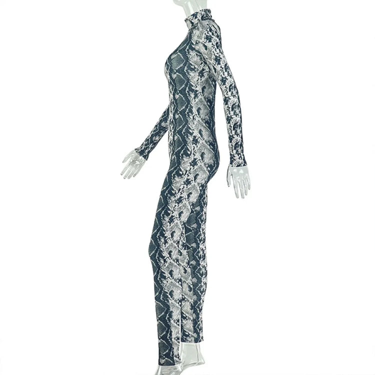 FLARORA Vintage Serpentine Printing Jumpsuits Woman Trend Turtleneck Full Sleeve Skinny Peach Hip Night Party Clubwear Overalls