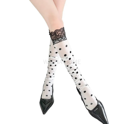 Lace Trim High Waist Polka Dot Sexy Long Tube Socks Over Knee Length Nylon Breathable Versatile Solid Color Long Tube Stockings