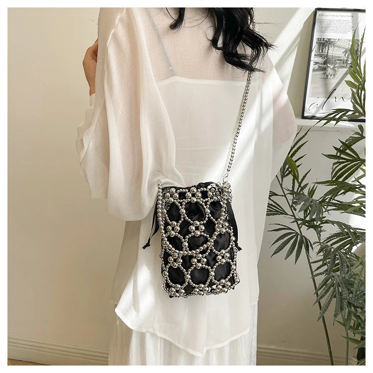 White Beading Bucket Shoulder and Crossbody Bags Exquisite Sense of Luxury Fresh Party Handbags for Women 2024 Fashion on Sale