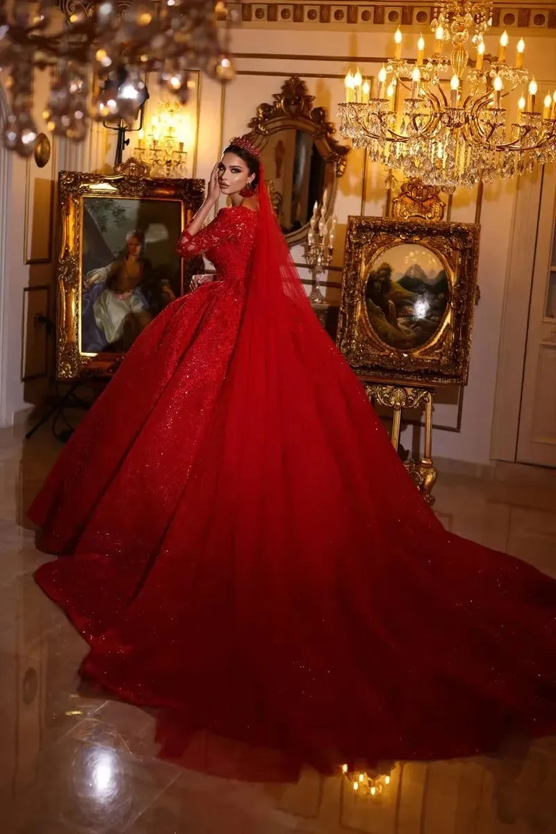 Customized Luxury Shiny Red Wedding Dress Dubai Gorgeous Lace Charming Elegant Bridal Robe Vestido De Noiva Long Sleeves