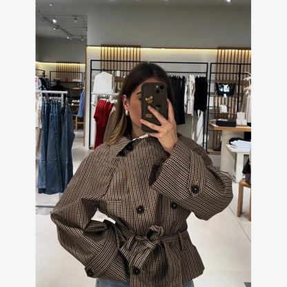 Long Sleeve Plaid Cropped Trench Coat Women Lapel Double Breasted Belted Waist Loose Checkered Short Jacket Lady Autumn Coats