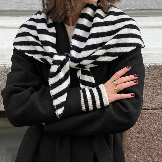 Versatile Striped Knitted Triangle Shawl Scarf Women Winter Warm Neck Wrap Casual Layering Scarves for Daily Street Accessory