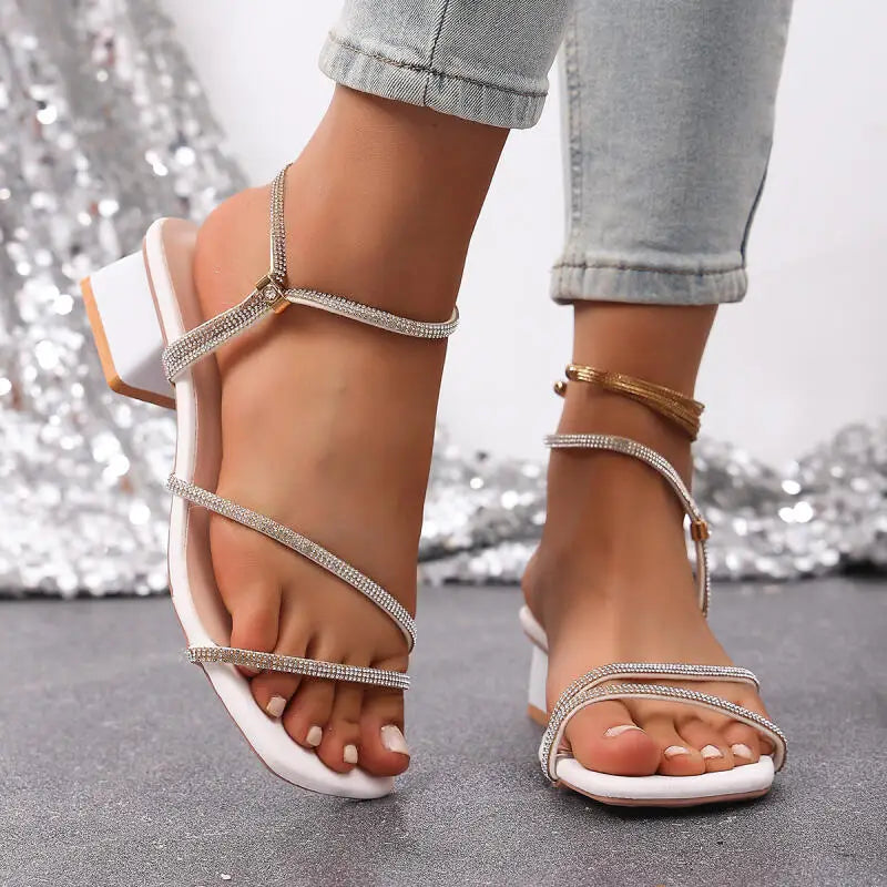 Elegant Square Toe Medium Heel Woman's Sandals Women Summer 2026 Luxury Rhinestore Strap Sandals Plus Size Woman Designer Shoes