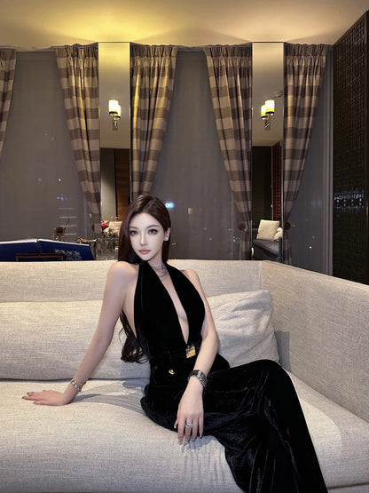 Vintage Luxury High-end Black Jumpsuits Metal Button Slim Sexy V-neck Hang Neck One-piece Pants Women Party Dresses Backless New