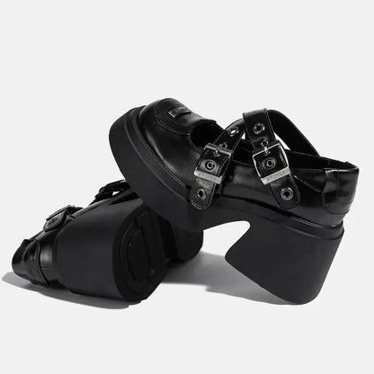 Mary Jane Shoes 2026 New Punk Metal Block Heel Platform Women's Shallow Mouth Buckle Single Shoes