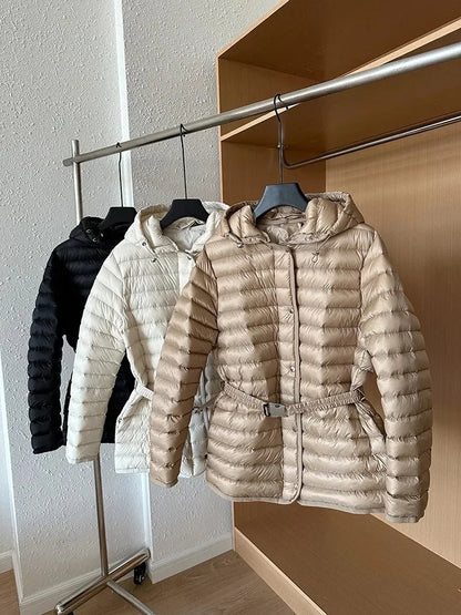 2025 Autumn Winter Luxury Lightweight Short Slim 90% White Duck Down Jacket Women Hooded Detachable Sash Warm Down Coat Fashion