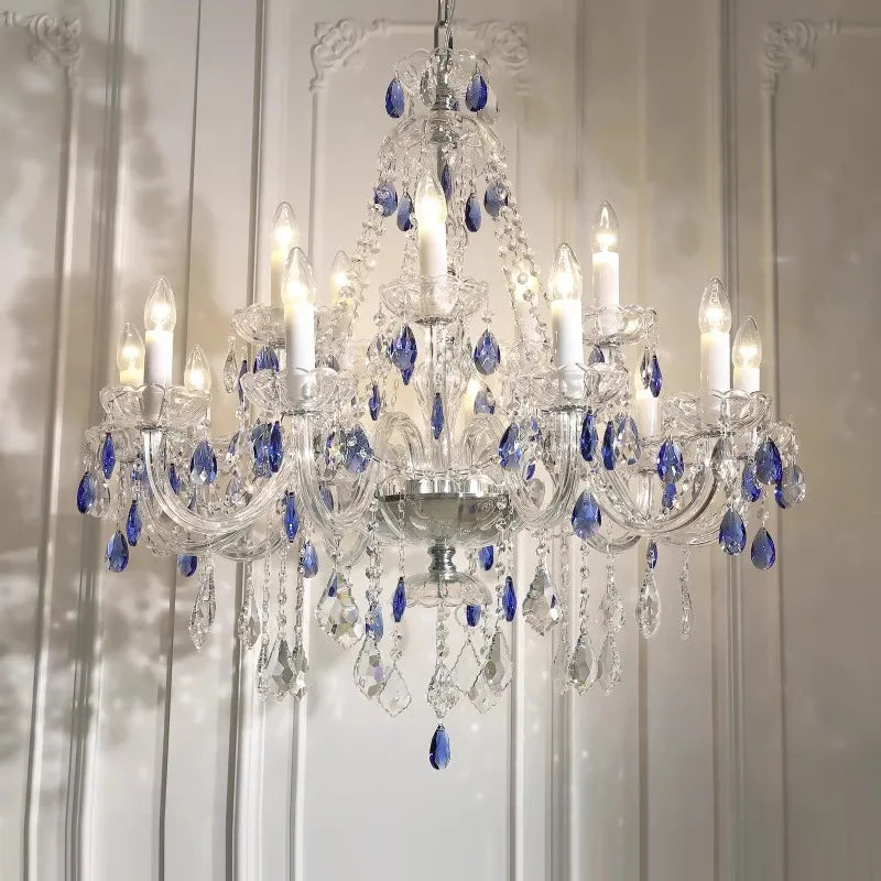 French Blue Romantic Crysatl Chandeliers Light Luxury Glass Living Room Art Decor Candle Pendant Lights Lighting Bedroom Lamps