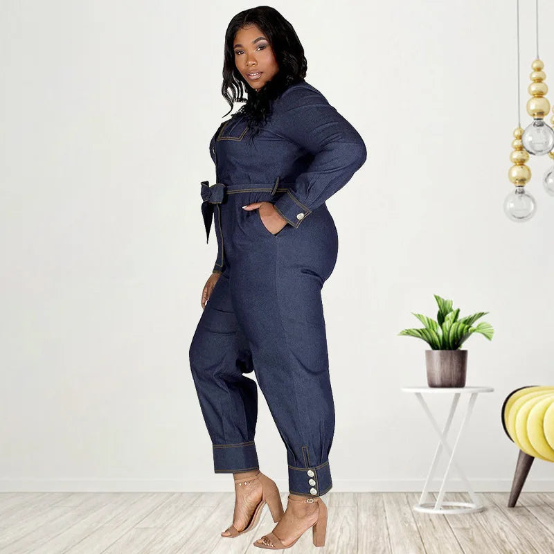 Jumpsuits Women Denim One Piece Turn Down Collar Y2k Streetwear Overalls Long Pants Lace Up High Waist Casual Spring Rompers