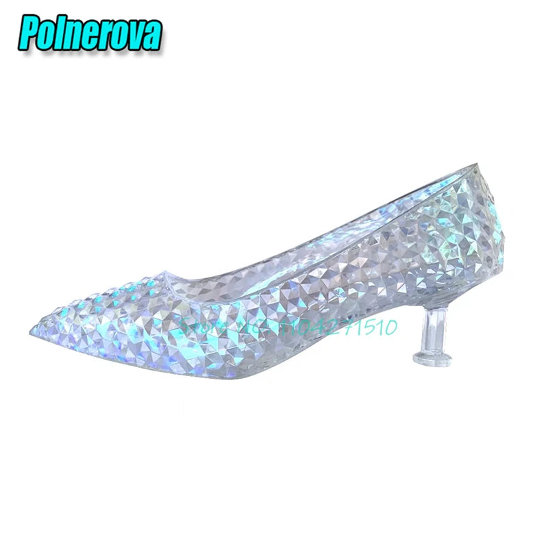 Transparent Crystal High Heels Wedding Bridal Shoes Luxury Pointed Toe Round Heel Women Pumps Elegant Fairy Banquet Party Shoes