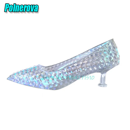 Transparent Crystal High Heels Wedding Bridal Shoes Luxury Pointed Toe Round Heel Women Pumps Elegant Fairy Banquet Party Shoes