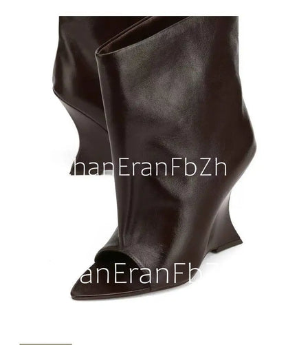 2006SoleLadies'-Spring/Summer-New-Fish-Mouth-Slope-High-Heel-Short-Boots-with-Pointed-Toe-Exposed-Cool-Boots,-Mid-Top-Boots