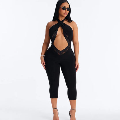 Sexy Lace Patchwork Bodycon Rompers Woman Jumpsuit Bandage Halter Sleeveless Backless Ruched Skinny Night Club Outfits Birthday