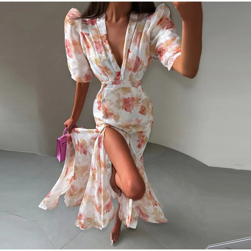 Women Printed V Neck Long Dress Flared Sleeve Lotus Leaf Edge High Waist Slim Fit Maxi Dresses Lady Elegant Evening Party Dress