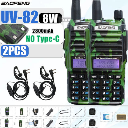 1/2Pcs Baofeng UV-82 Walkie Talkie 5/8W Tri-Power FM Radio Type-C Charger Dual PTT Dual Band VHF/UHF Two Way Camouflage For Hunt