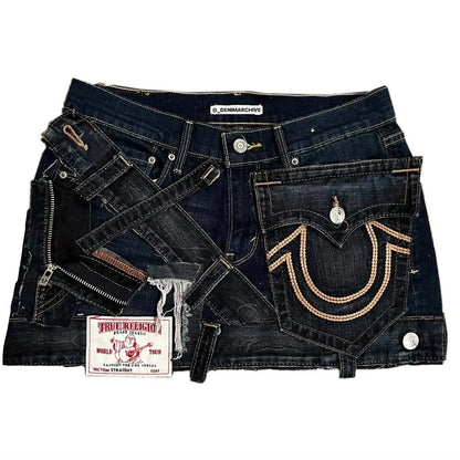 Y2K Gothic Punk Style Denim Short Skirt Women Harajuku Retro Patched Zipper Skirt Streetwear Low Waist Vintage Jeans Mini Skirt