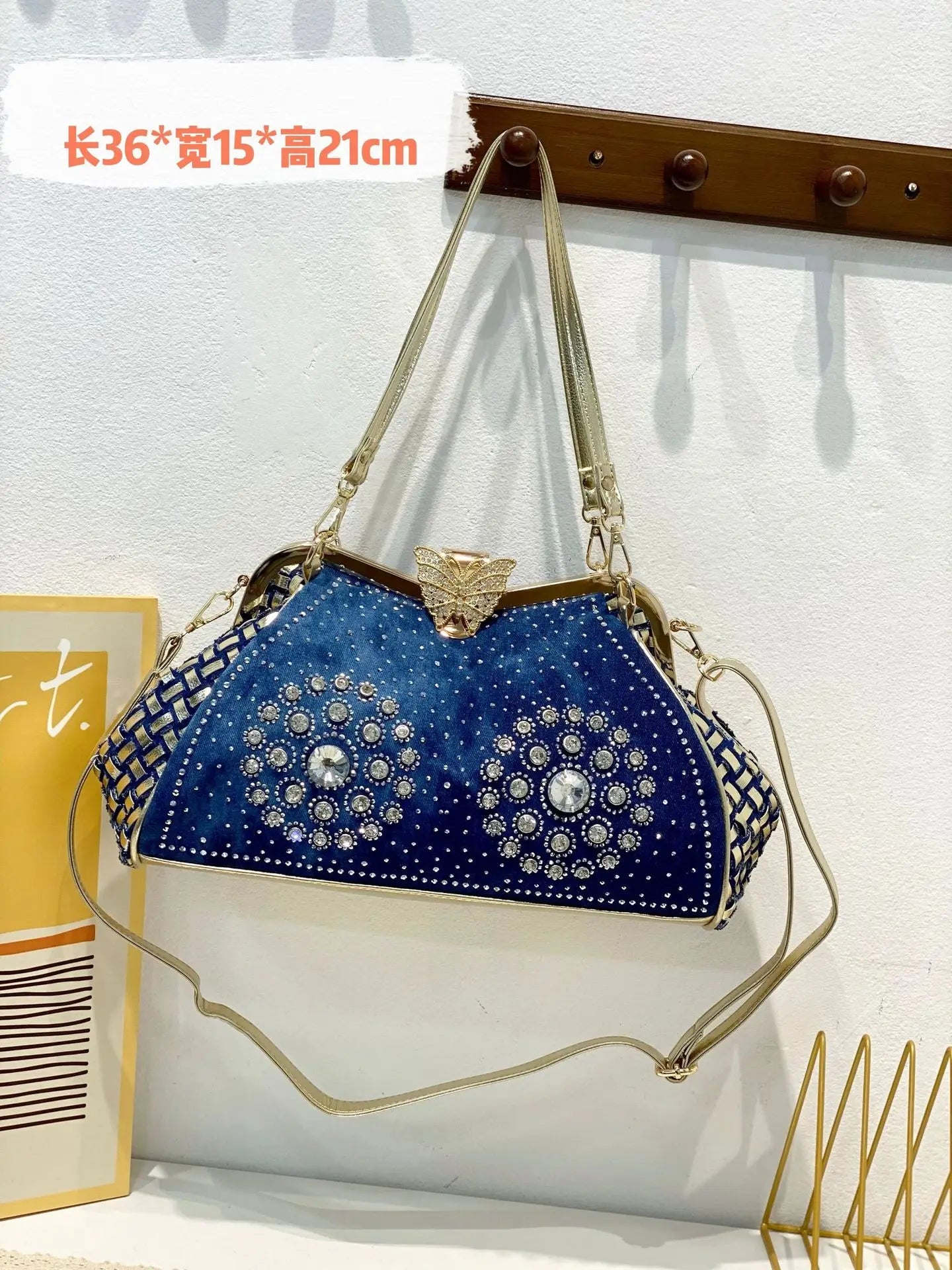 Denim Rhinestones Women Handbag Clutch Bag For Evening Party Chic Butterfly Decoration Ladies Denim  Shoulder Bag