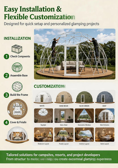 Luxury Modern Geodesic Dome Tent, PVC Canvas Cover Four‑Season Double‑Layer Waterproof for Outdoor Glamping Camping
