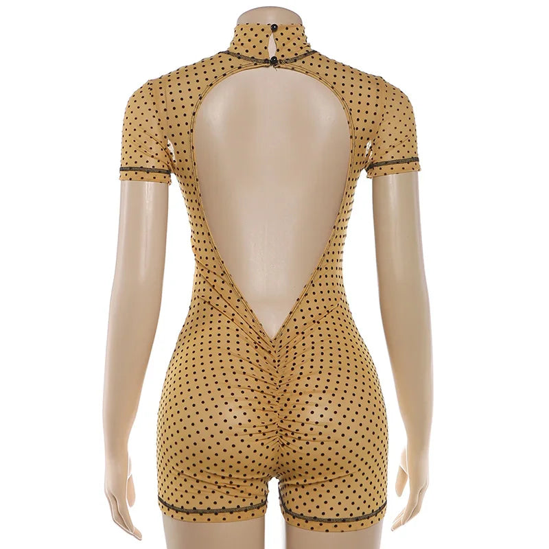 FAGADOER Khaki Polka Dot Bodycon Shorts Romper Women Stand Collar Back Hollow Out Skinny Jumpsuits Mesh See Through Playsuit